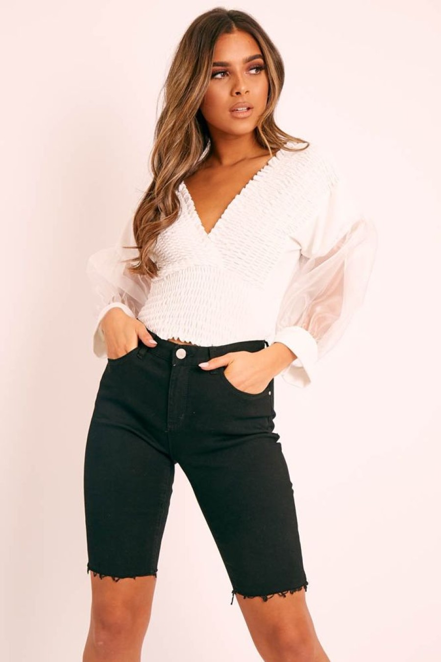 Clothing Rebellious Fashion | White Shirred Plunge Crop Top - Reina