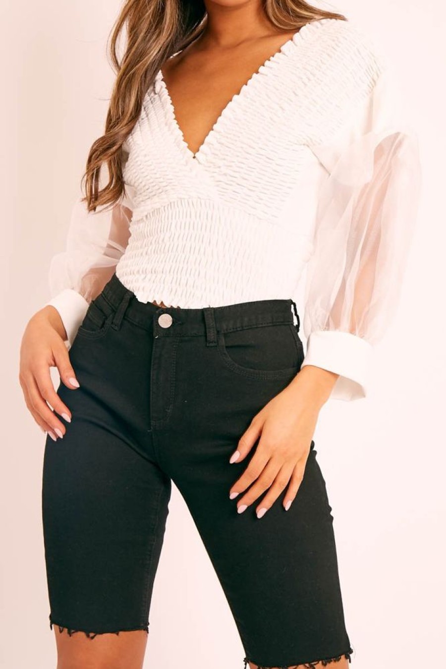 Clothing Rebellious Fashion | White Shirred Plunge Crop Top - Reina