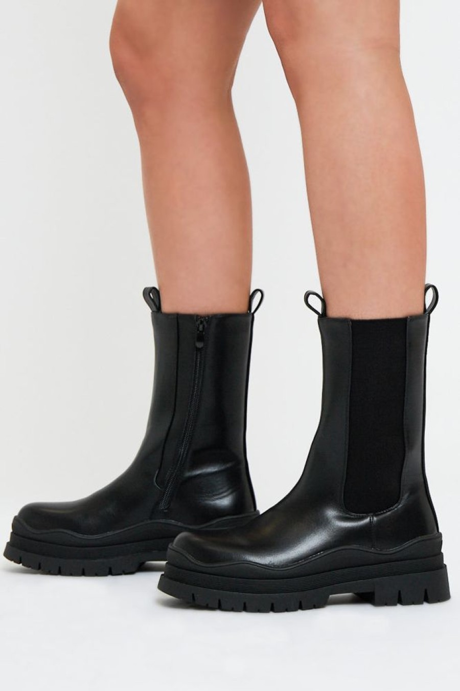 Shoes Rebellious Fashion | Black Chunky Sole Faux Leather Boots - Maree