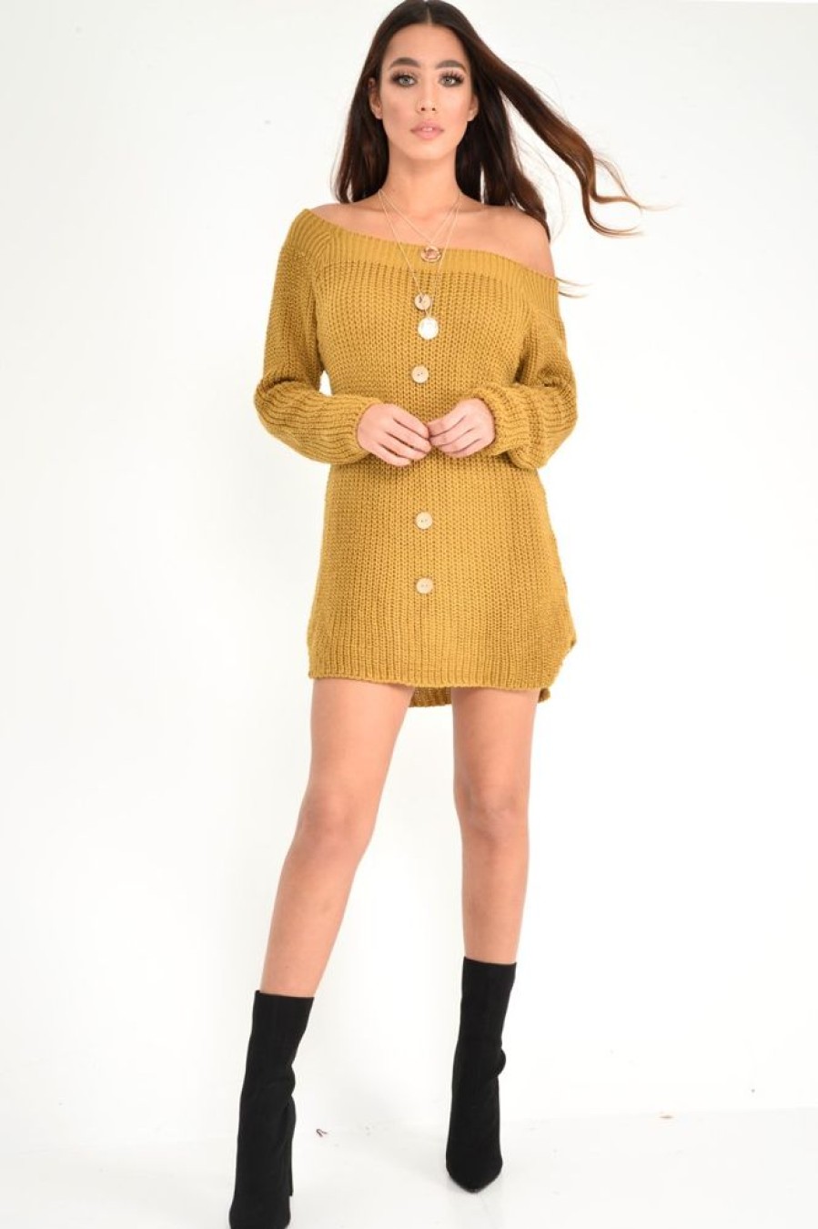 Clothing Rebellious Fashion | Mustard Bardot Button Front Chunky Knit Jumper Dress - Syanna