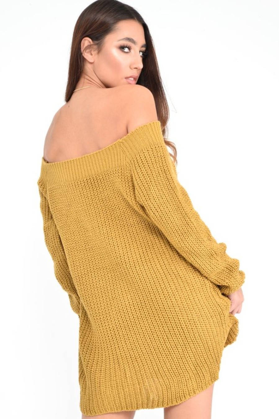 Clothing Rebellious Fashion | Mustard Bardot Button Front Chunky Knit Jumper Dress - Syanna