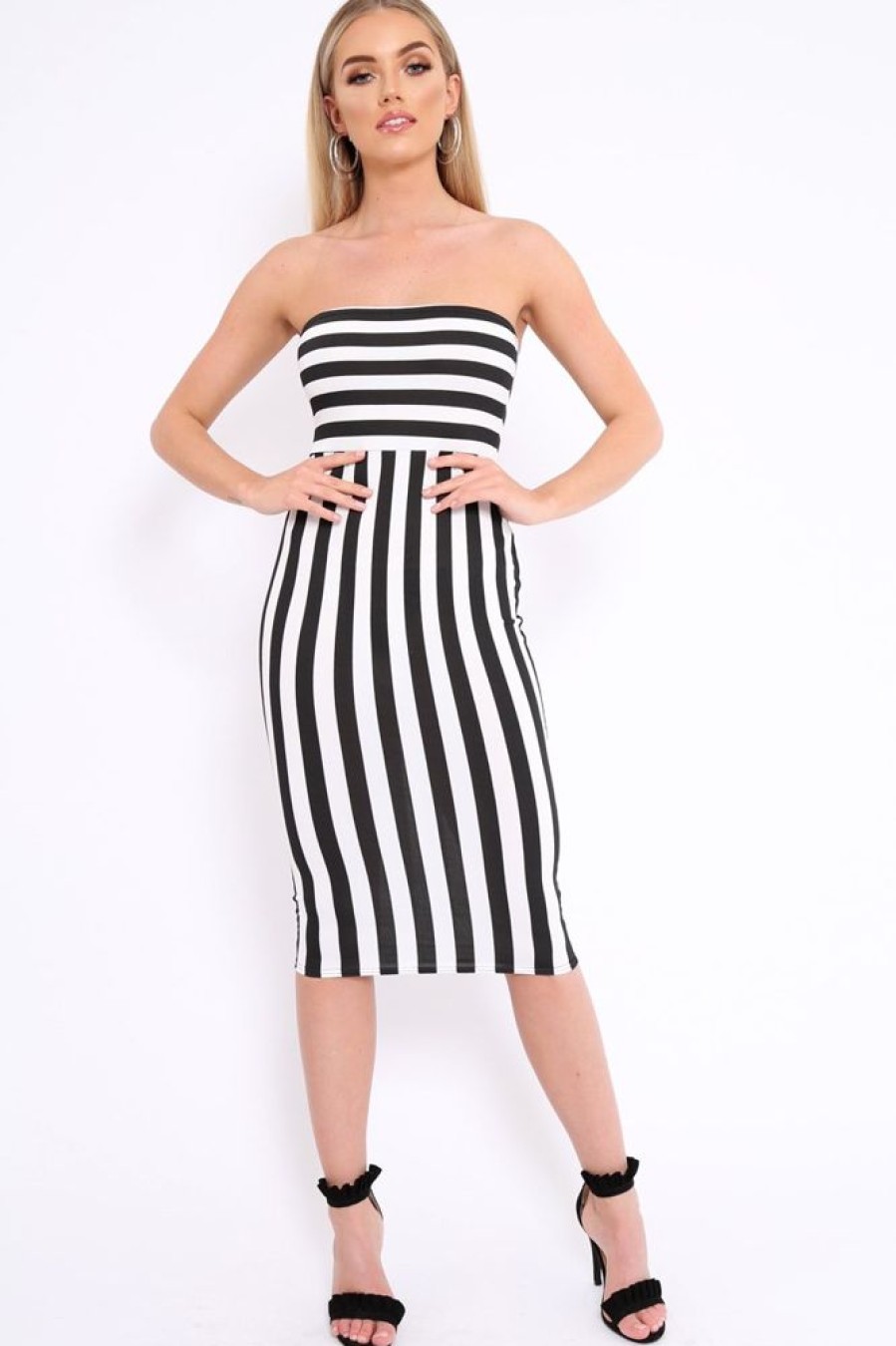 Clothing Rebellious Fashion | Black And White Stripe Strapless Bodycon Dress - Mirabell