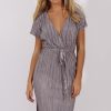 Clothing Rebellious Fashion | Grey Pleated Tie Waist Midi Dress - Drew