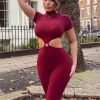 Clothing Rebellious Fashion | Burgundy Rib Knit Cut Out Ring Detail Jumpsuit - Ayla