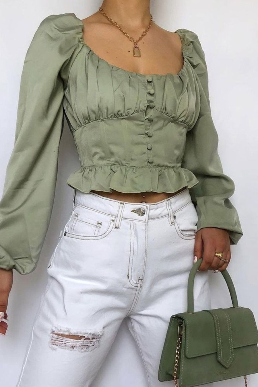 Clothing Rebellious Fashion | Sage Covered Button Top - Anelise