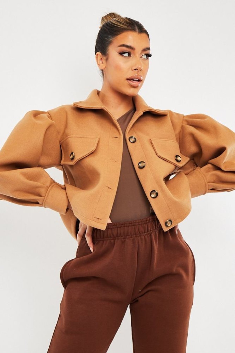 Clothing Rebellious Fashion | Camel Cropped Balloon Sleeve Shacket - Lexia