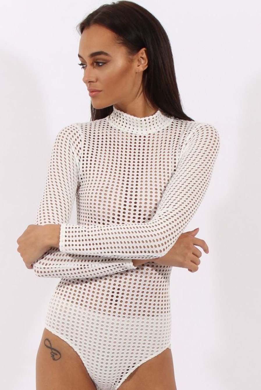 Clothing Rebellious Fashion | White Mesh Airtex Long Sleeve Bodysuit - Halley