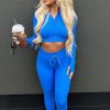 Clothing Rebellious Fashion | Blue Rib Knit Zip Front Crop Top & Leggings Set - Nico