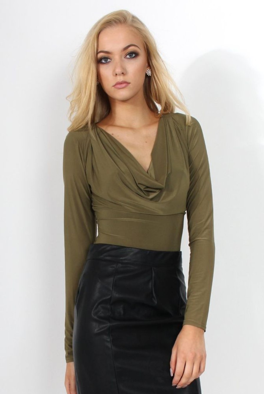 Clothing Rebellious Fashion | Gabriella Khaki Cowl Neck Bodysuit