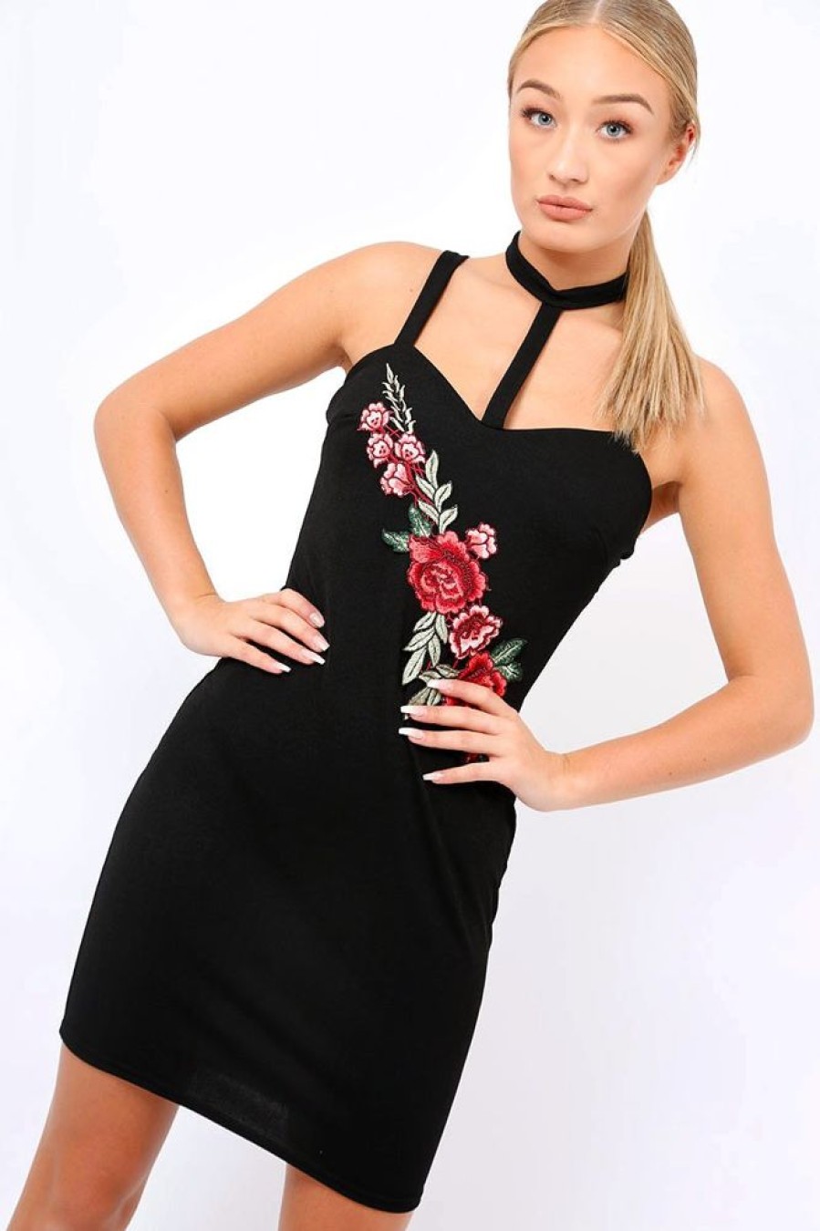 Clothing Rebellious Fashion | Black Floral Embroidered Choker Dress - Fawn