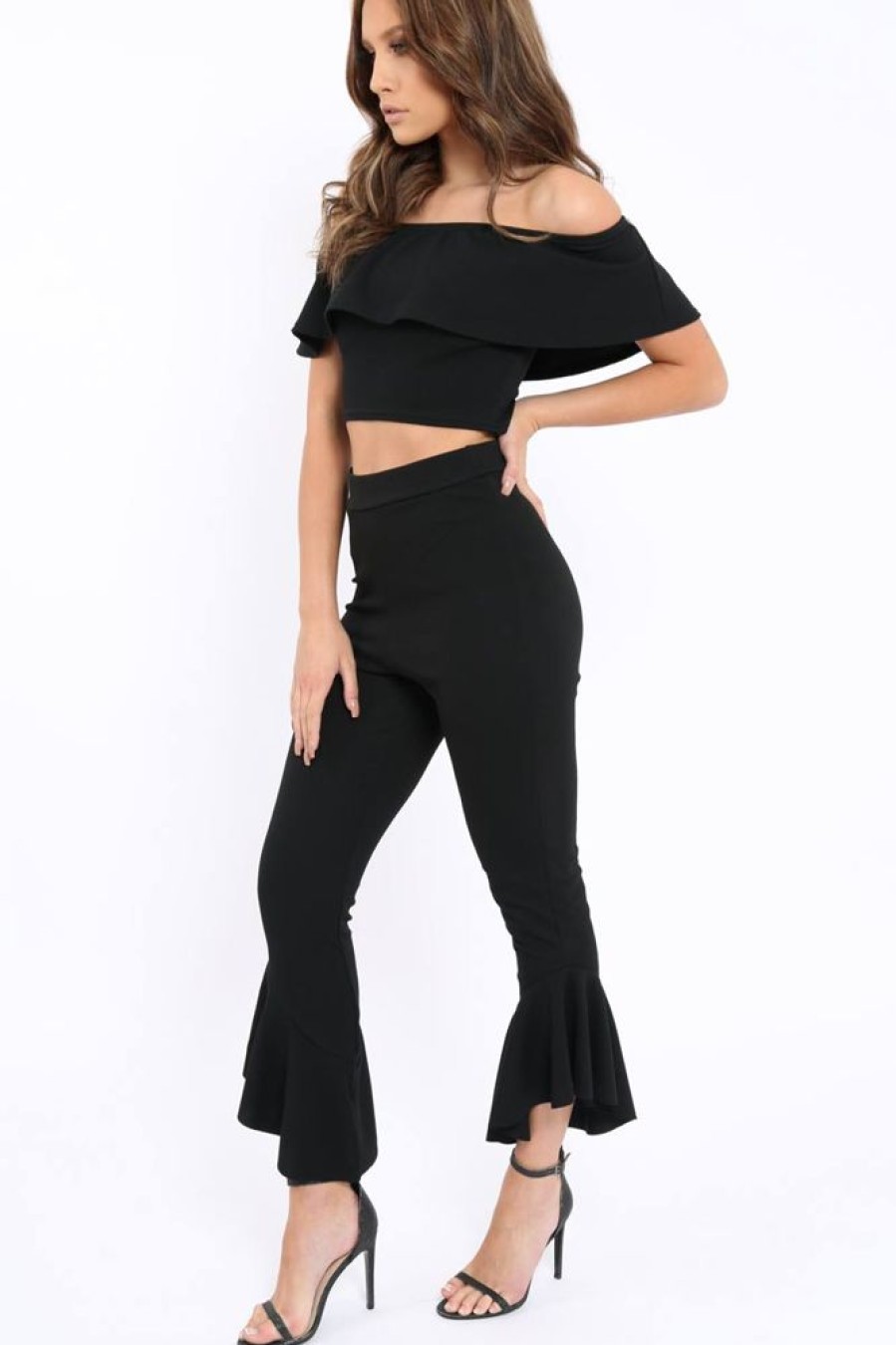 Clothing Rebellious Fashion | Black Bardot Crop Top And Dip Hem Trousers Co-Ord Set - Alexiah