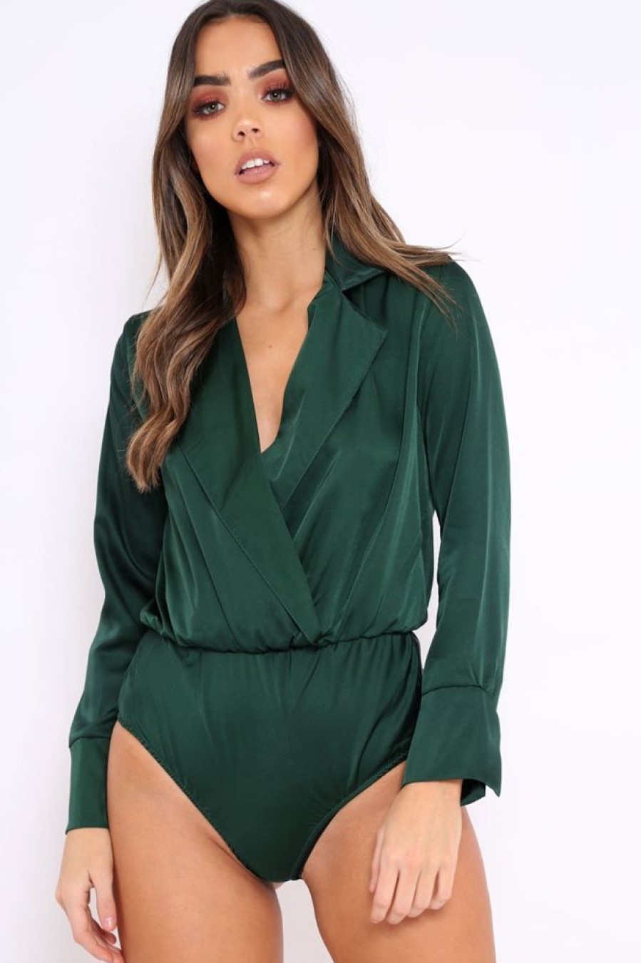 Clothing Rebellious Fashion | Green Plunge Satin Bodysuit - Rebeka