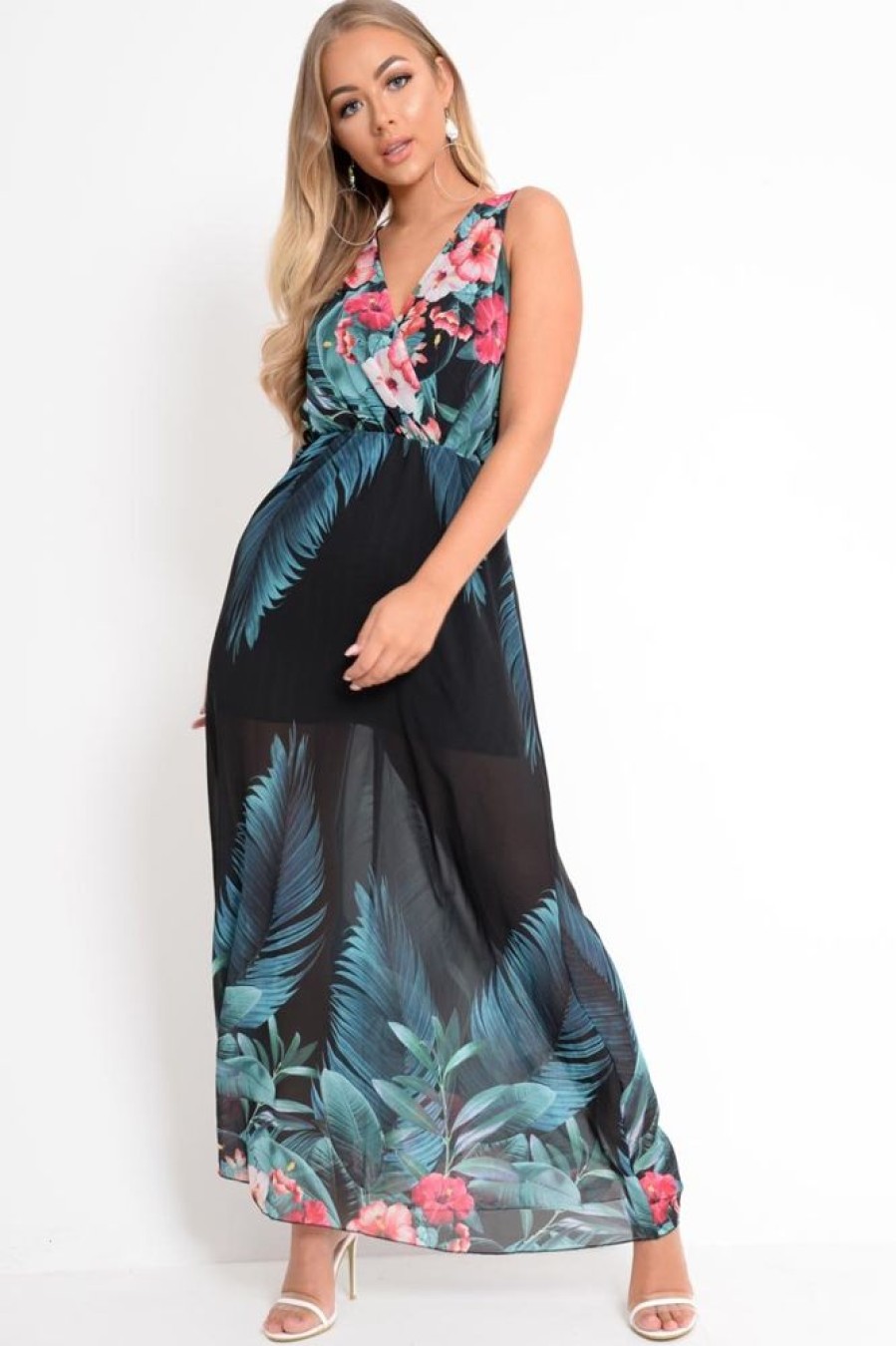 Clothing Rebellious Fashion | Black Chiffon Leaf Print Plunge Maxi Dress - Marlin