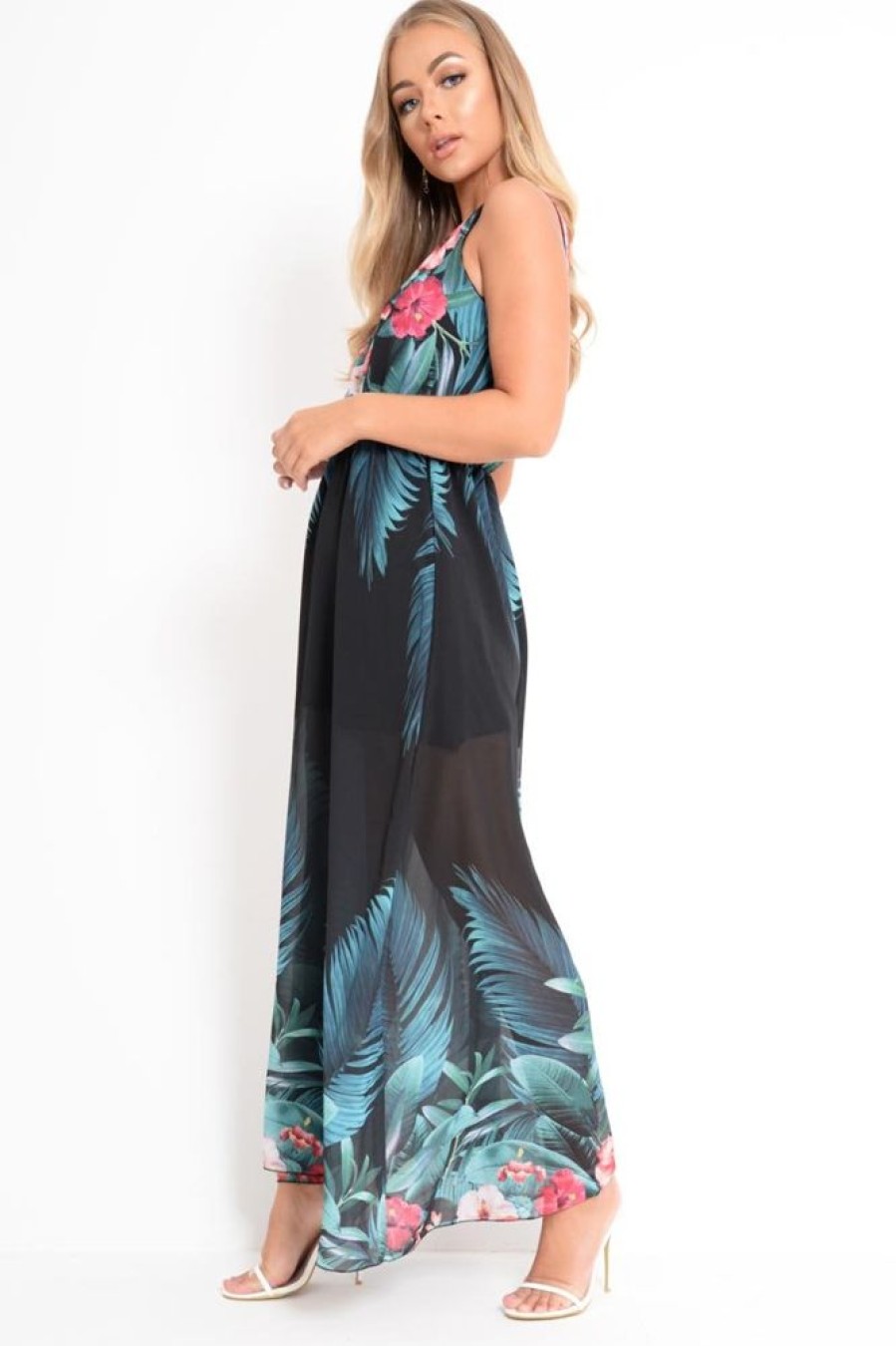 Clothing Rebellious Fashion | Black Chiffon Leaf Print Plunge Maxi Dress - Marlin