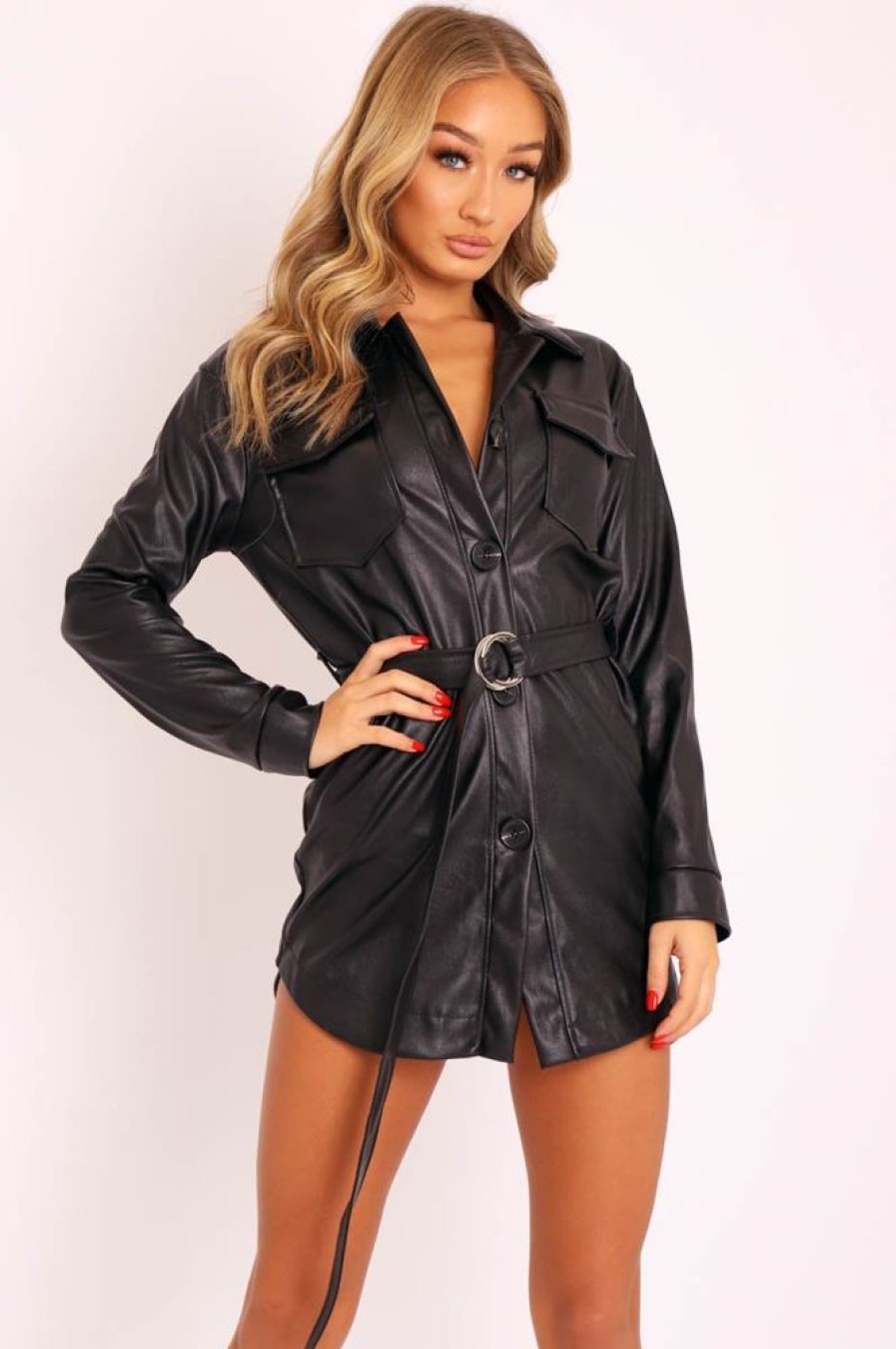 Clothing Rebellious Fashion | Black Faux Leather Utility Shirt Dress - Hailey