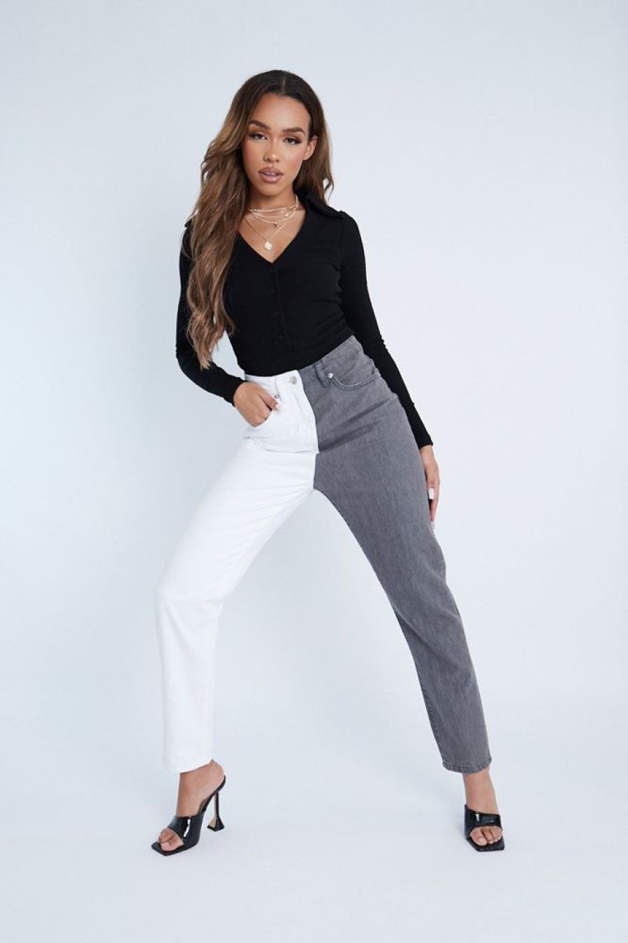 Clothing Rebellious Fashion | Grey Straight Leg Split Colour Jeans - Jakia