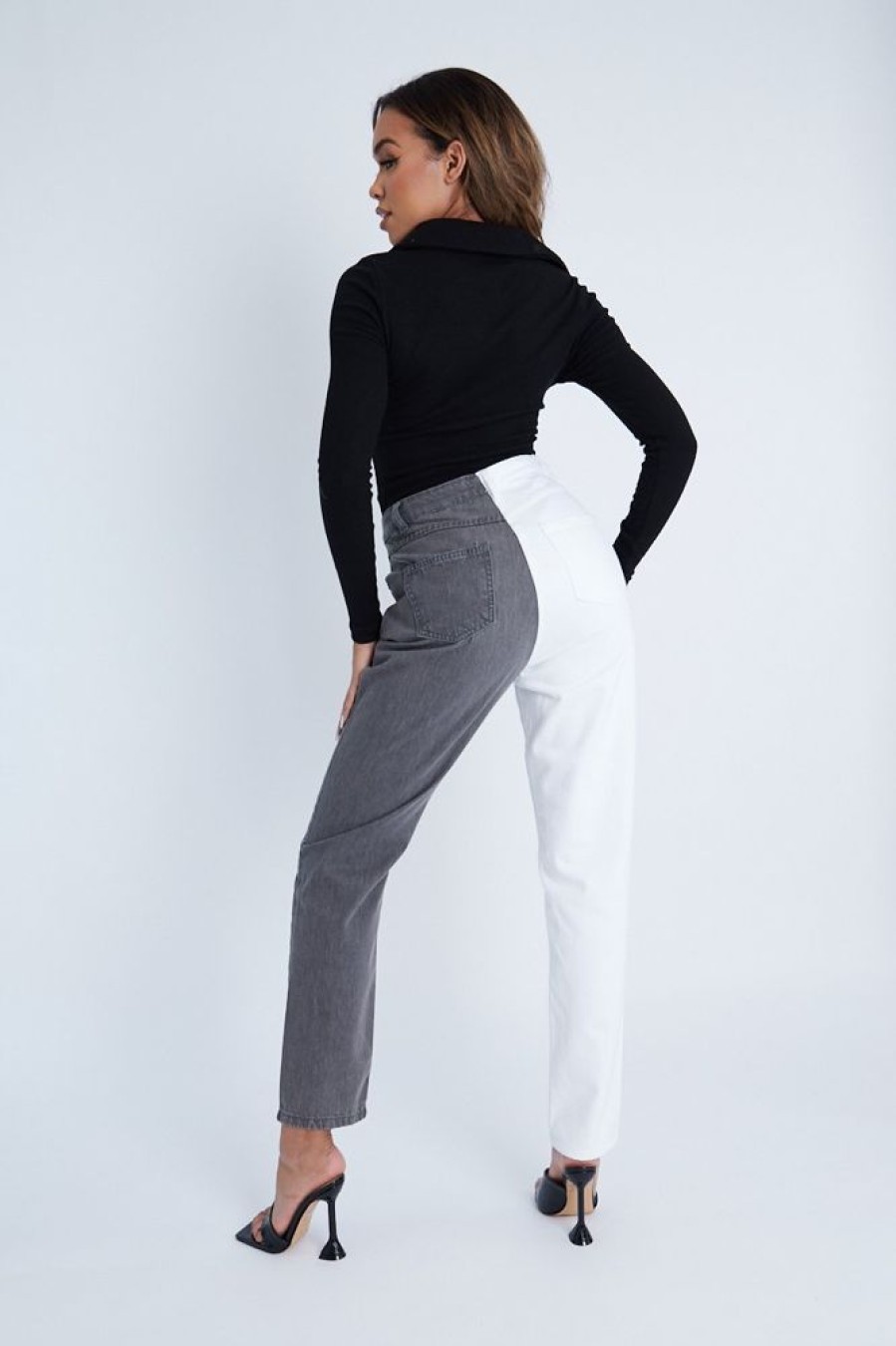 Clothing Rebellious Fashion | Grey Straight Leg Split Colour Jeans - Jakia