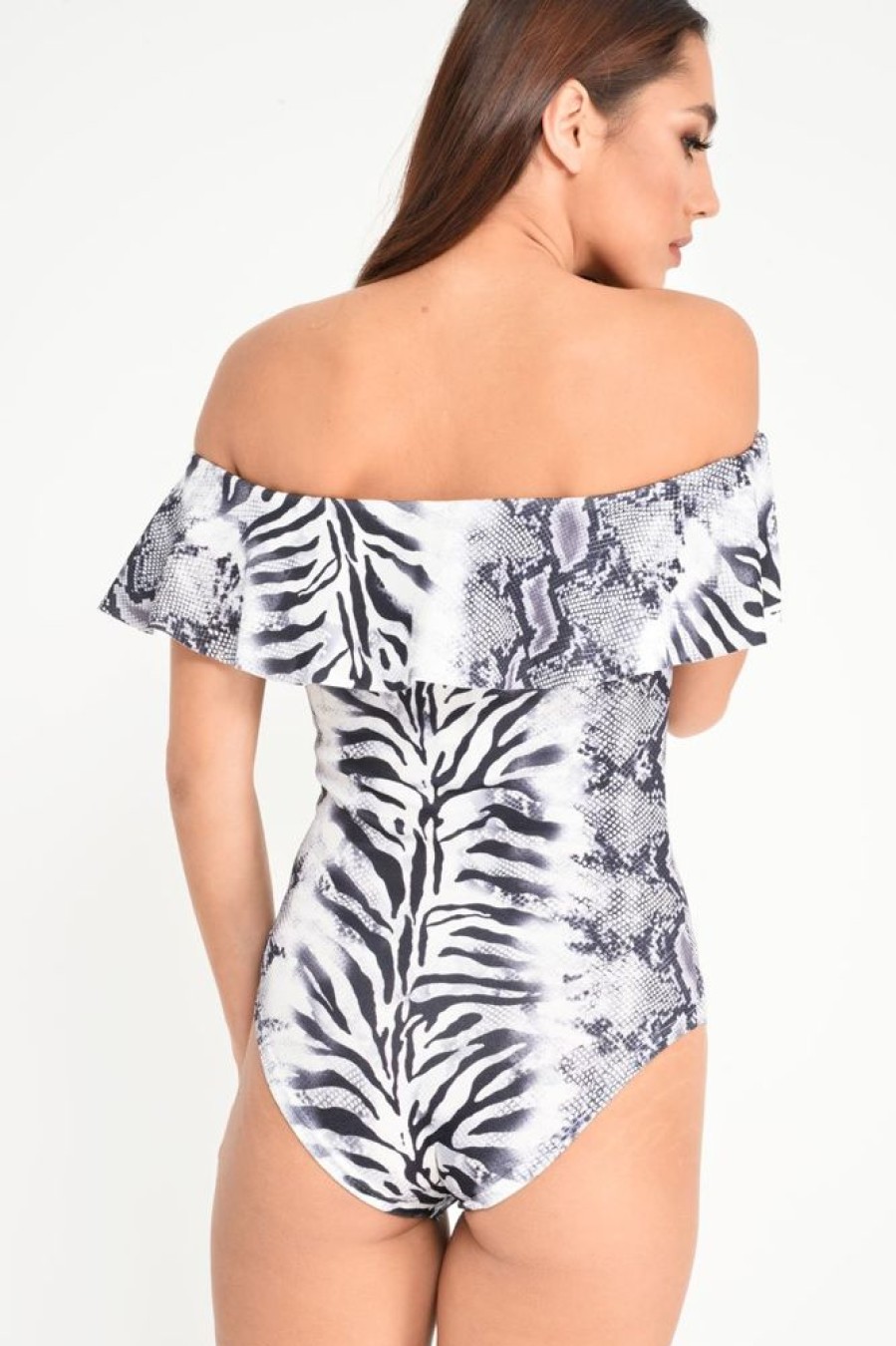 Clothing Rebellious Fashion | Grey Mixed Animal Print Bardot Bodysuit - Jaye