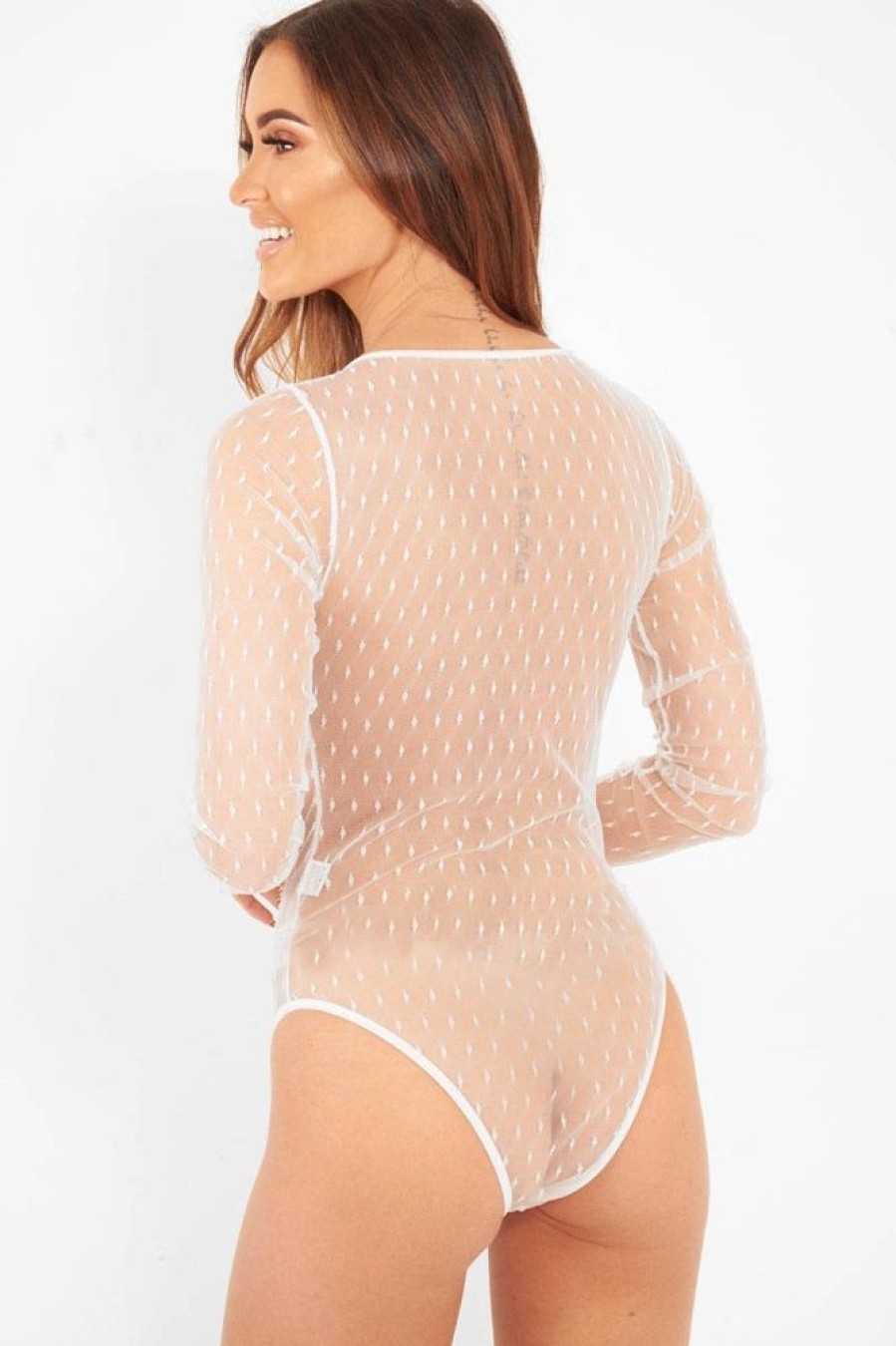 Clothing Rebellious Fashion | White Dobby Mesh Low Cut Bodysuit - Tamara