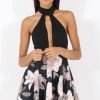 Clothing Rebellious Fashion | Black Choker Plunge Floral Skater Dress - Gretchen