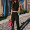 Clothing Rebellious Fashion | Black Knit High Neck Crop Top And Trouser Co-Ord - Helena