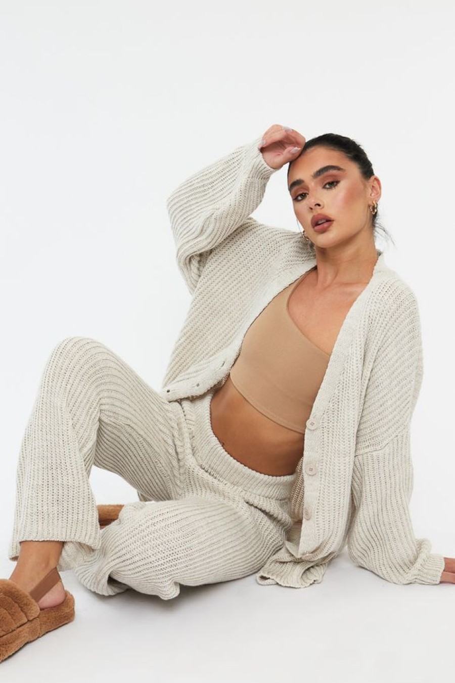 Clothing Rebellious Fashion | Beige Oversized Knit Cardigan & Trouser Set - Marra