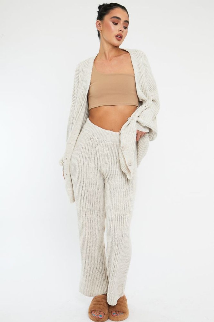 Clothing Rebellious Fashion | Beige Oversized Knit Cardigan & Trouser Set - Marra