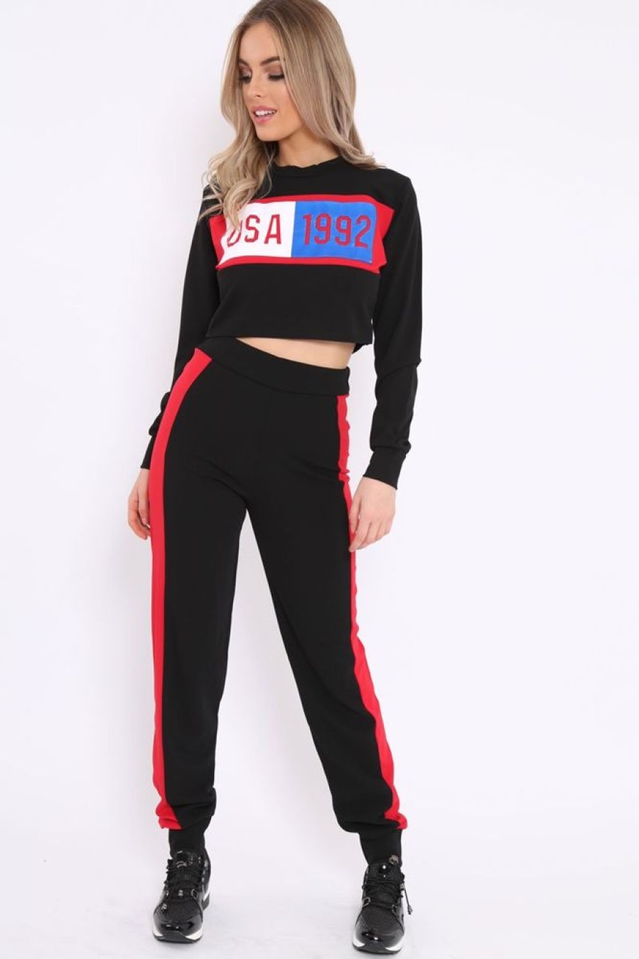 Clothing Rebellious Fashion | Black And Red Usa Side Stripe Tracksuit - Simmy