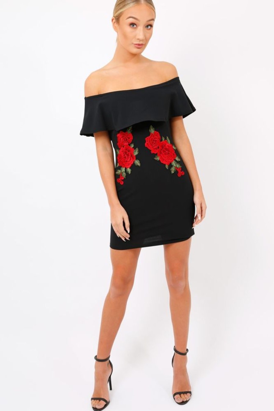 Clothing Rebellious Fashion | Black Bardot Frill Bodycon Applique Dress - Leticia