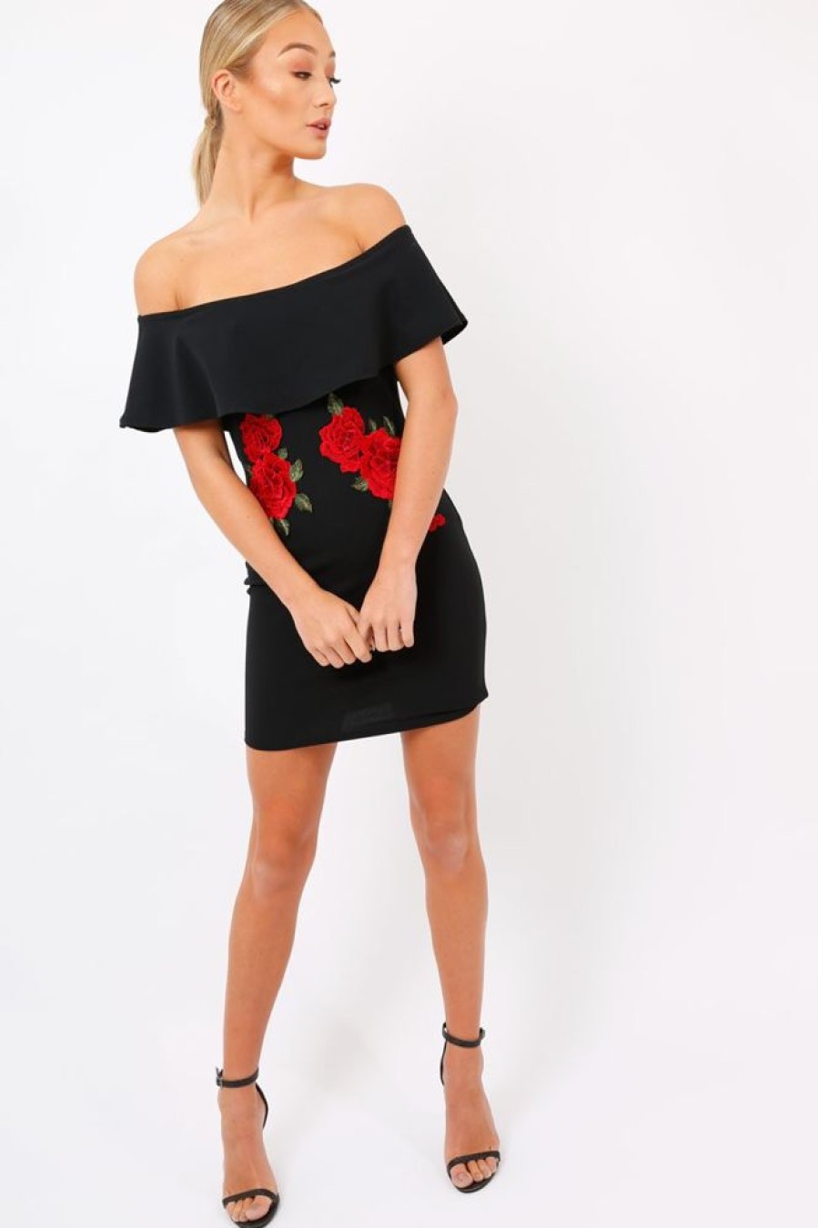 Clothing Rebellious Fashion | Black Bardot Frill Bodycon Applique Dress - Leticia