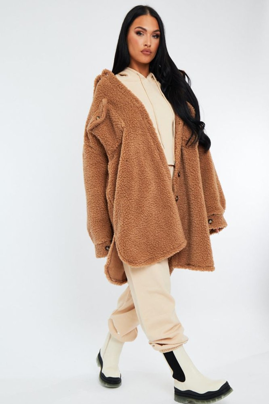 Clothing Rebellious Fashion | Camel Pocket Front Teddy Shacket - Ozie