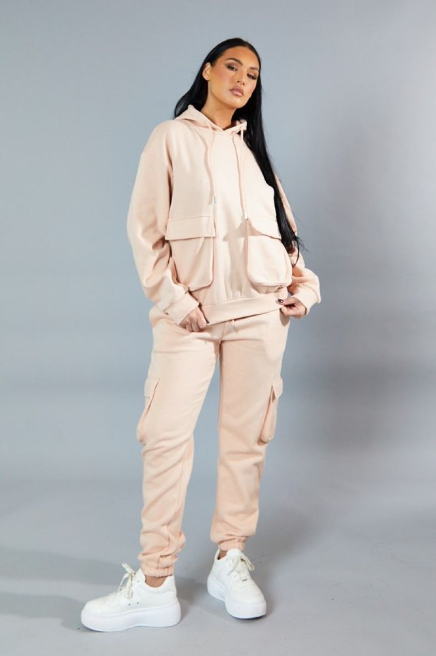 Clothing Rebellious Fashion | Blush Cargo Pocket Hoodie And Joggers Tracksuit - Aafiya