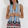 Clothing Rebellious Fashion | Blue Stripe Geo Border Print Cut Out High Neck Dress - Perla