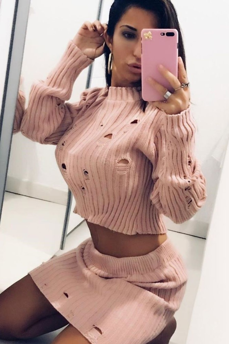 Clothing Rebellious Fashion | Pink Distressed Cable Knit Co-Ord - Dayla