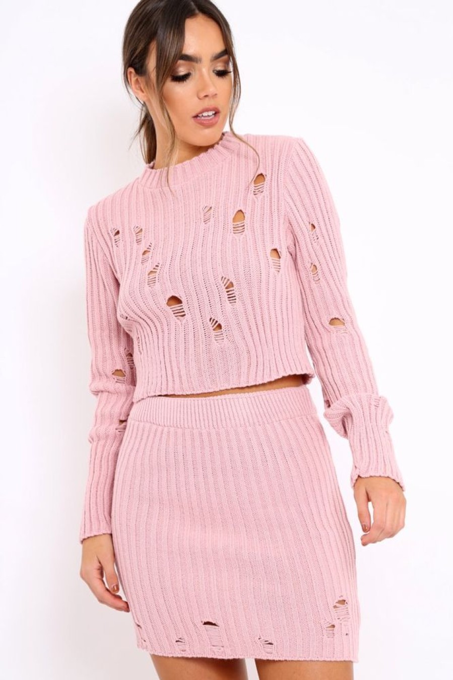 Clothing Rebellious Fashion | Pink Distressed Cable Knit Co-Ord - Dayla