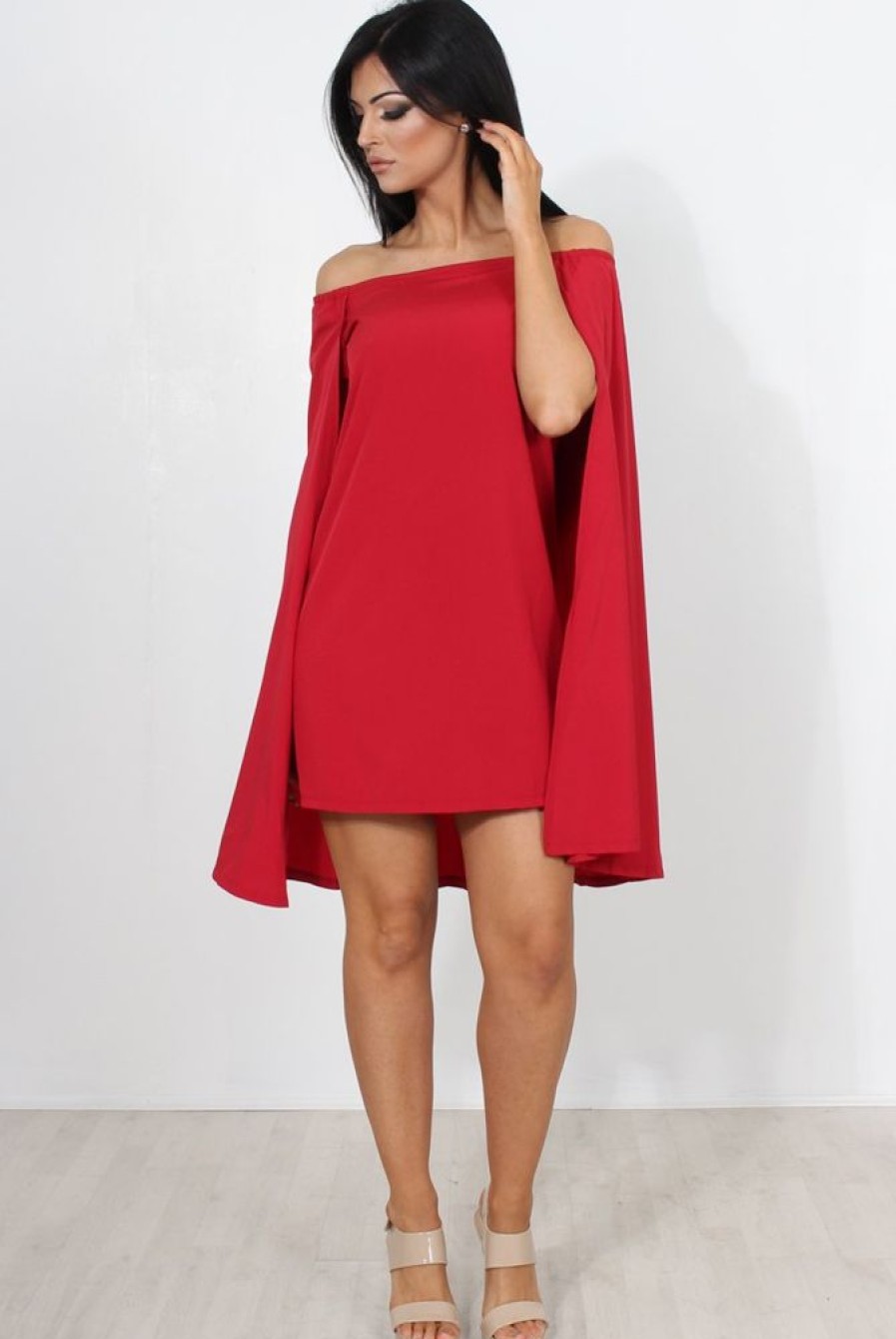 Clothing Rebellious Fashion | Red Off The Shoulder Cape Dress-Verity