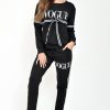 Clothing Rebellious Fashion | Black Vogue Slogan Tie Front Loungewear Set - Bryana