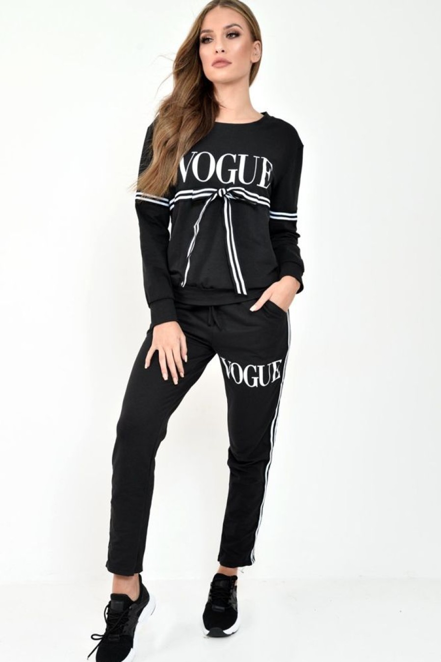 Clothing Rebellious Fashion | Black Vogue Slogan Tie Front Loungewear Set - Bryana