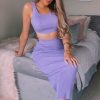 Clothing Rebellious Fashion | Lilac Rib Knit Crop Top Midi Skirt Co-Ord - Larissa