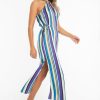 Clothing Rebellious Fashion | Blue Stripe Halterneck Drawstring Waist Maxi Dress - Melanie