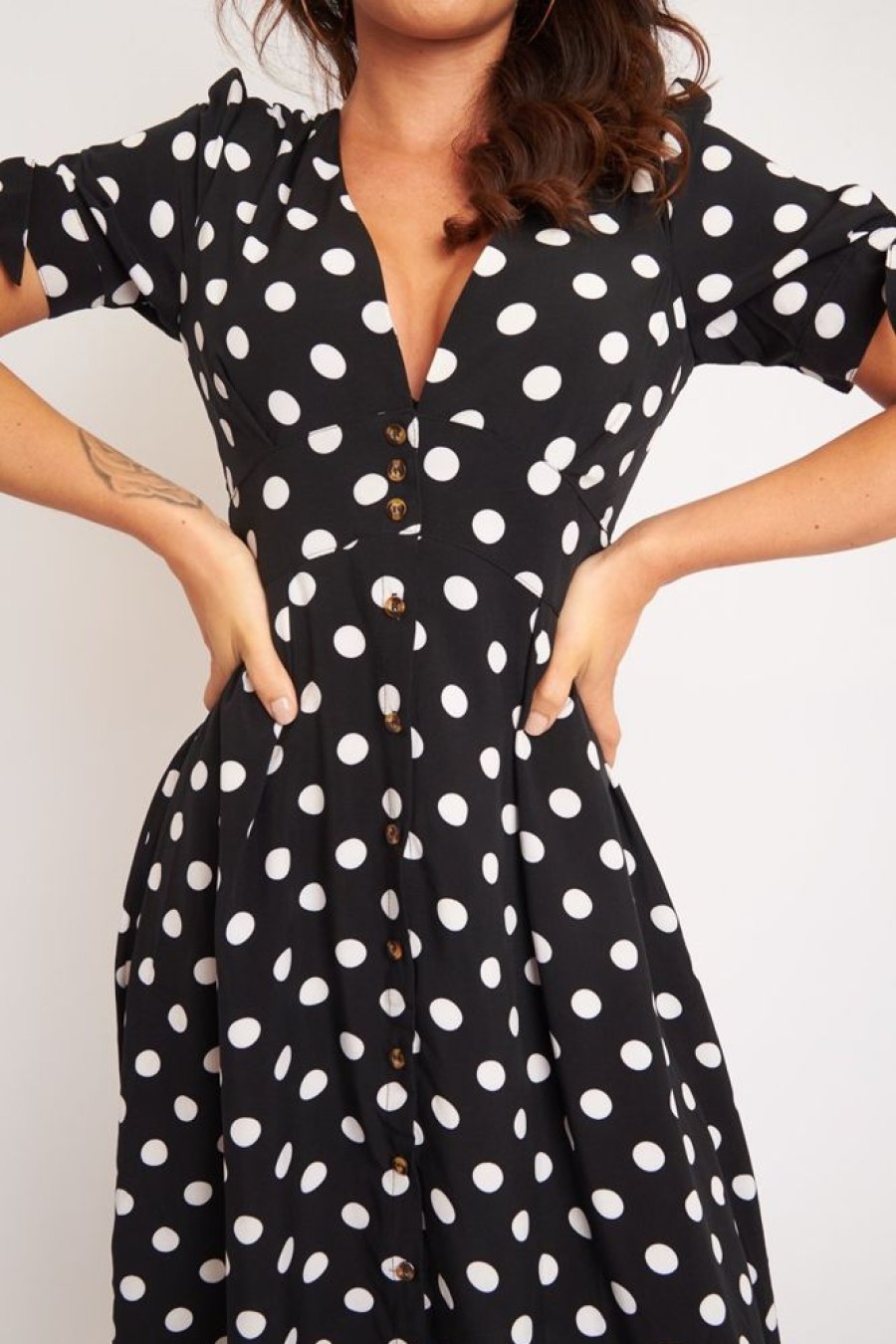 Clothing Rebellious Fashion | Black Polka Dot Button Front Midi Dress - Prima