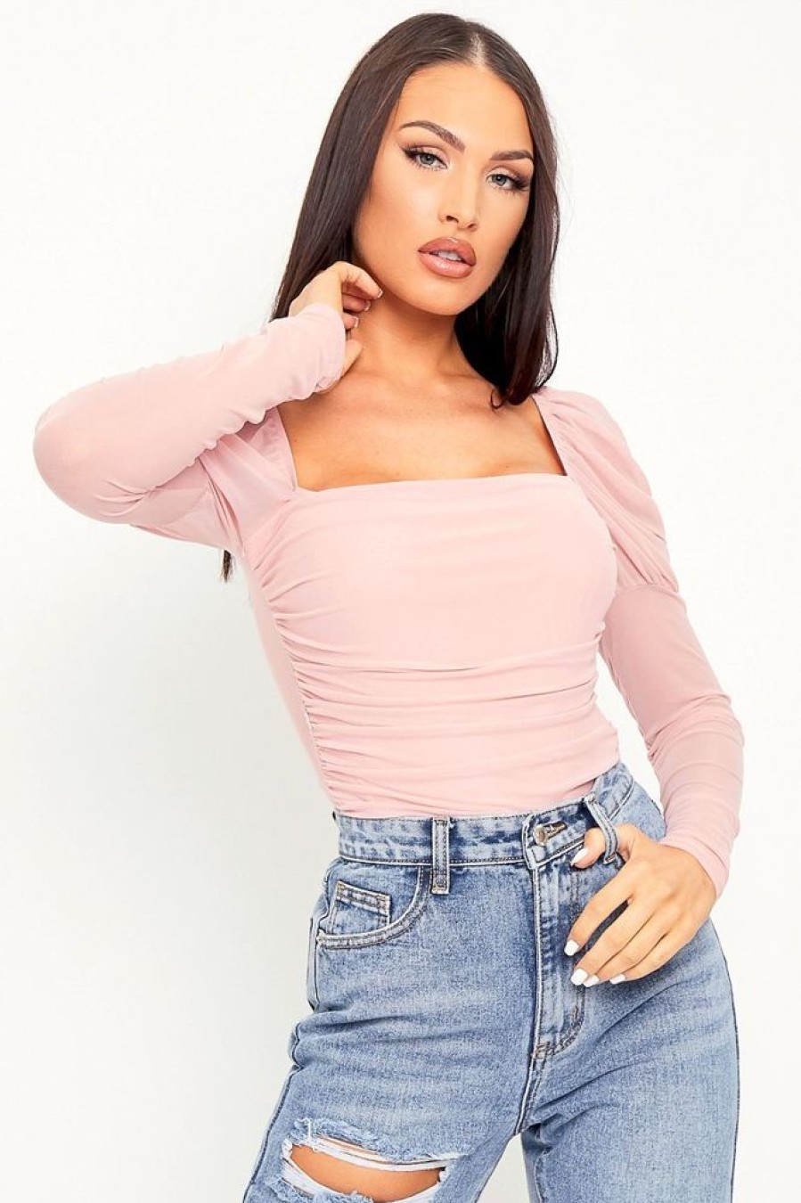 Clothing Rebellious Fashion | Pink Ruched Body Mesh Sleeve Bodysuit - Raeya