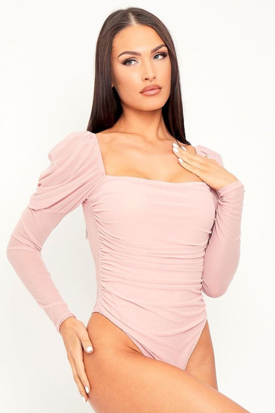 Clothing Rebellious Fashion | Pink Ruched Body Mesh Sleeve Bodysuit - Raeya