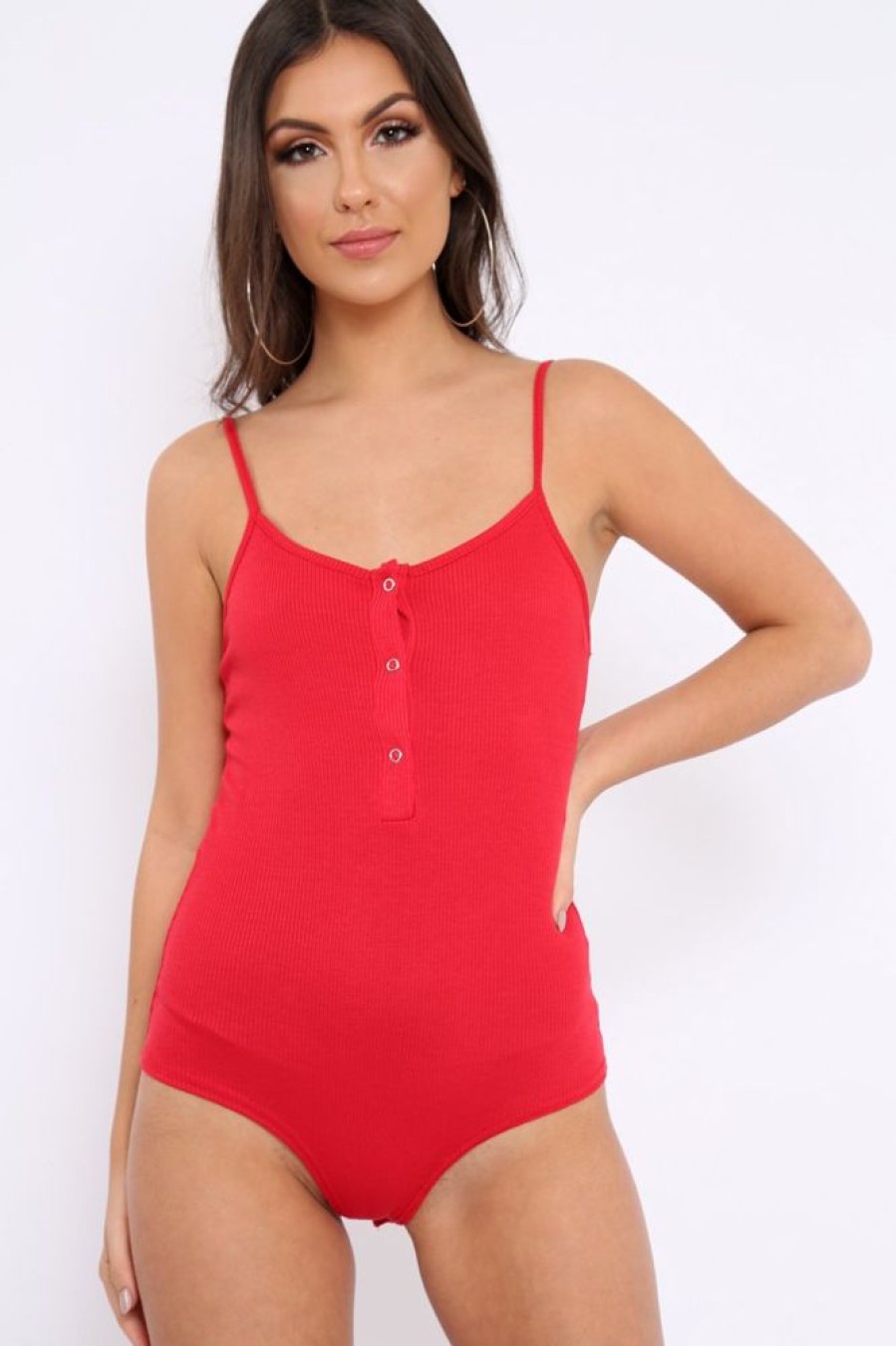 Clothing Rebellious Fashion | Red Ribbed Popper Front Bodysuit - Baylee