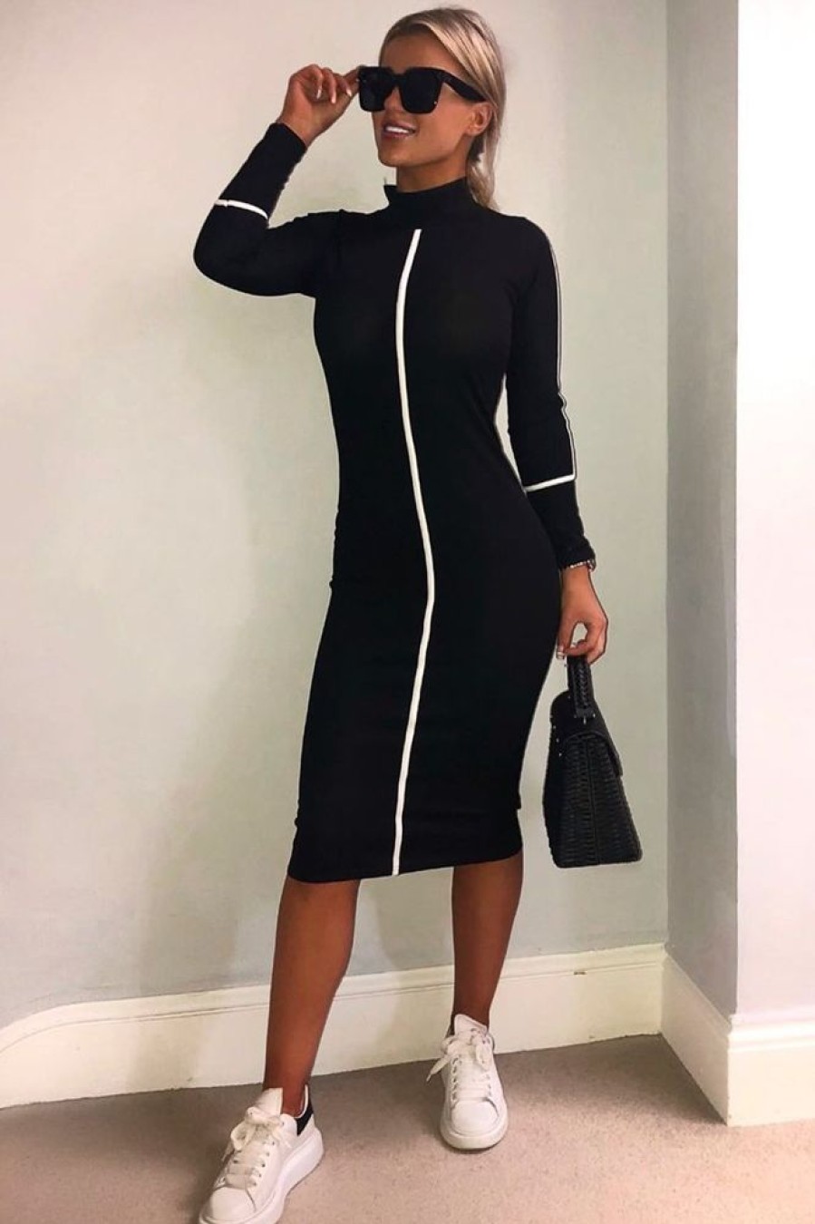 Clothing Rebellious Fashion | Black Contrast Stripe Detail High Neck Midi Dress - Niana