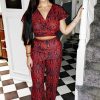 Clothing Rebellious Fashion | Red Snake Print Tie Back Crop Top And Wide Leg Trouser Co-Ord - Georgine