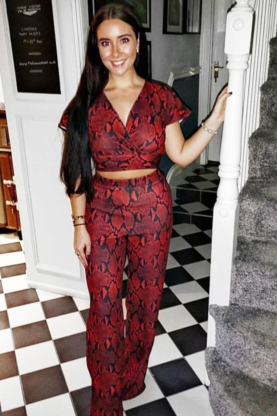 Clothing Rebellious Fashion | Red Snake Print Tie Back Crop Top And Wide Leg Trouser Co-Ord - Georgine