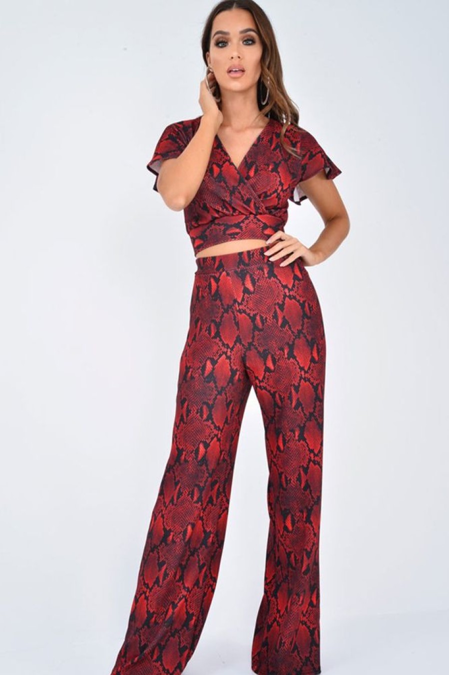 Clothing Rebellious Fashion | Red Snake Print Tie Back Crop Top And Wide Leg Trouser Co-Ord - Georgine