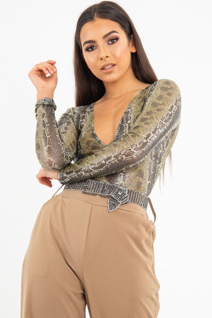 Clothing Rebellious Fashion | Green Snake Plunge Coated Long Sleeve Bodysuit - Clemmie