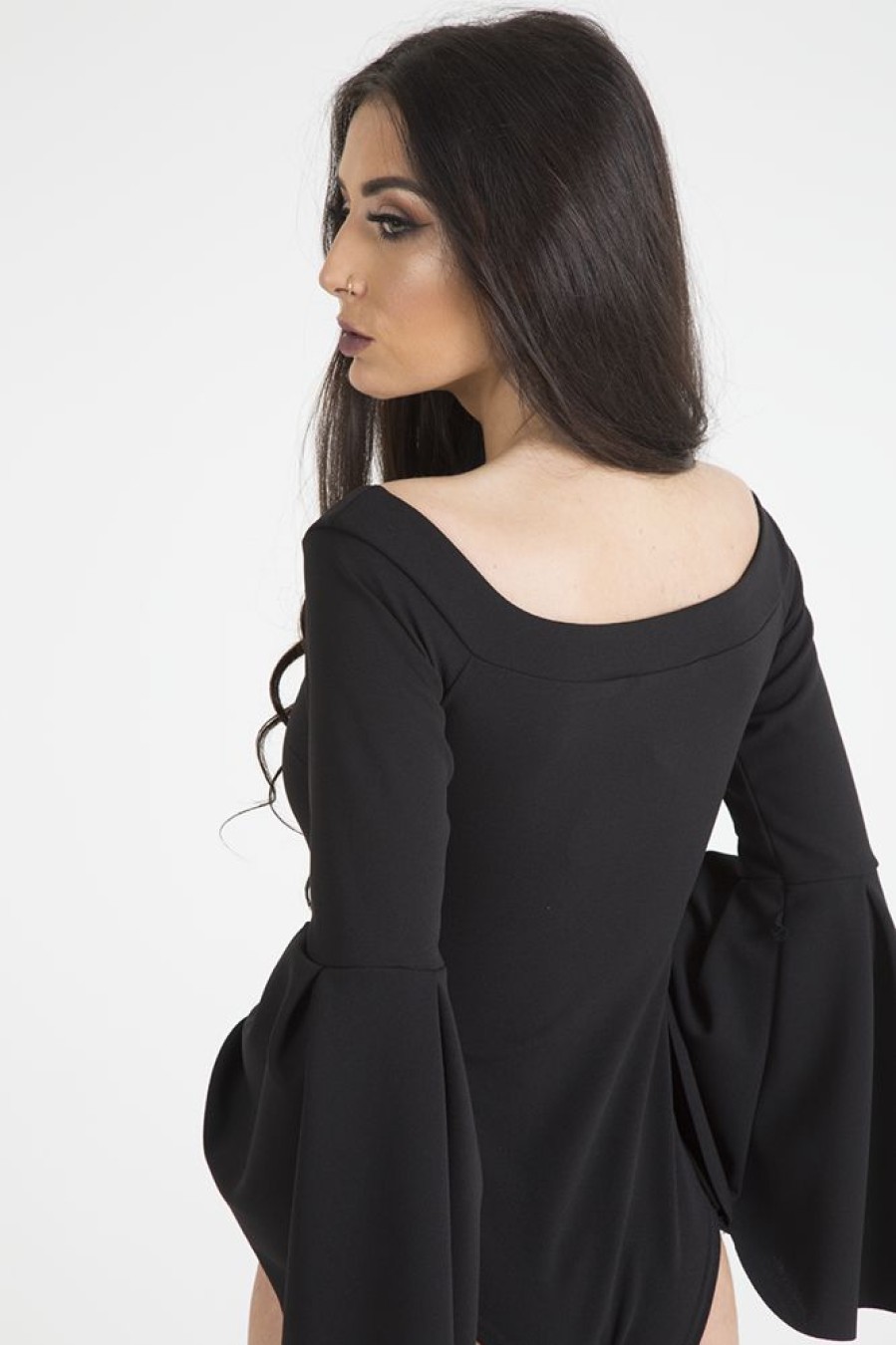 Clothing Rebellious Fashion | Black Bardot Bell Sleeve Bodysuit - Evelyn